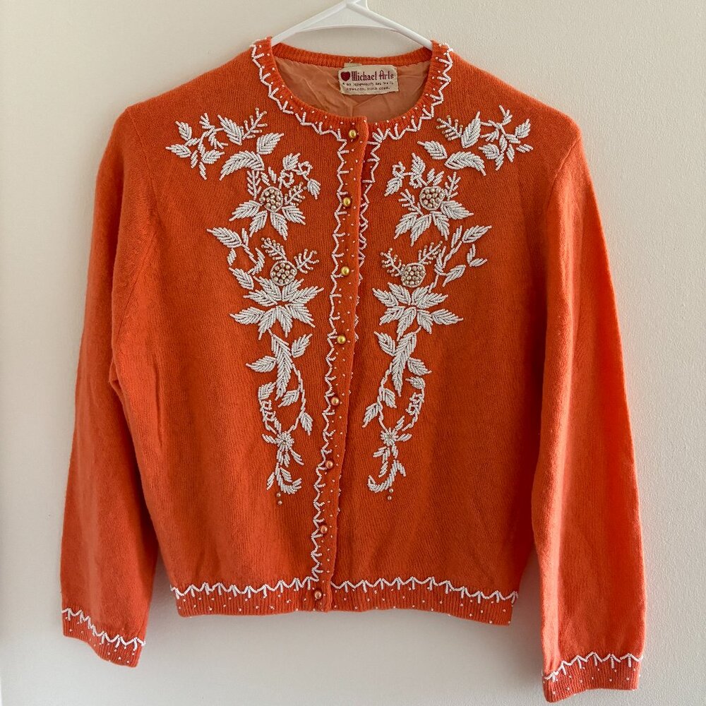 Vintage Tangerine Orange Beaded 1950s Cashmere Cardigan